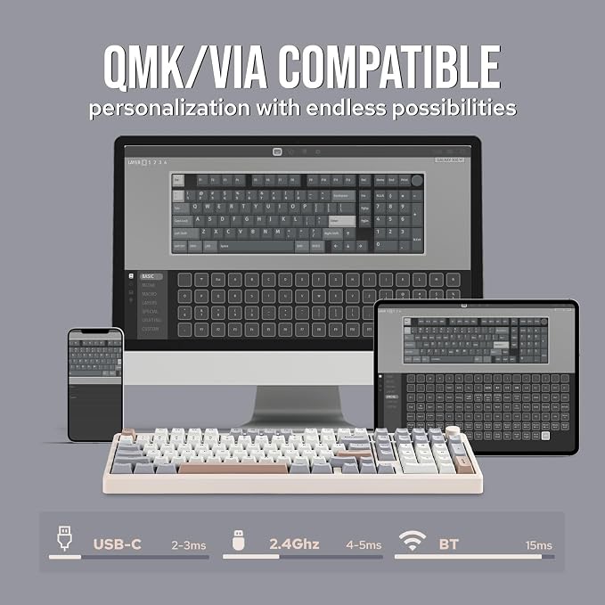 EPOMAKER Galaxy100 QMK/VIA Wireless Gaming Keyboard, Aluminum Shell, BT/2.4Ghz/USB-C, Pre-Lubed Hot-Swappable Linear Switches, NKRO, RGB Backlit (Creamy White, Wisteria Linear Switch) - Image 4