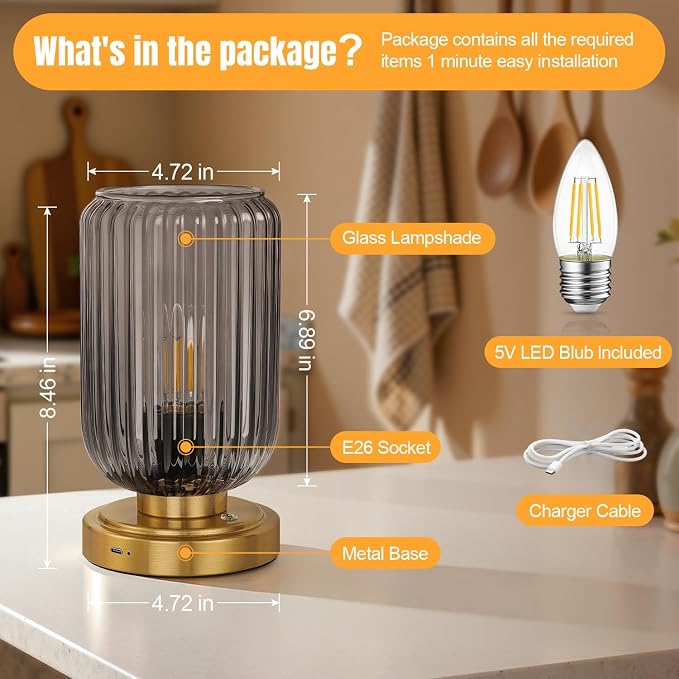 LightRound Cordless Table Lamp for Bedroom, Touch Stepless Dimmable | 7500mAh Rechargeable Battery, Gray Glass Shade, Brushed Gold Base, Bulb Included, Modern Wireless Lamp for Desk, Living Room - Image 7
