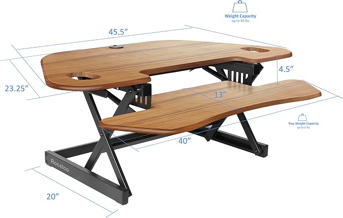 Rocelco 46" Height Adjustable Corner Standing Desk Converter with Anti Fatigue Mat Bundle - Quick Sit Stand Up Dual Monitor Riser - Computer Workstation - Teak Wood Grain (R CADRT-46-MAFM) - Image 3