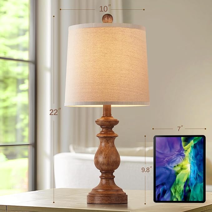 Traditional Table Lamp Set of 2, Rustic Farmhouse Table Lamps for Living Room Bedroom, 22" Bedside Desk Lamps Vintage Nightstand Lamps with Linen Shades, Wood Grain - Image 3