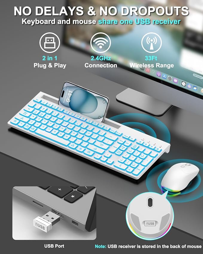 Wireless Keyboard and Mouse Combo, 7 Backlit Effects, Light Up Letters, Rechargeable, Phone Holder, 6 Button Mouse, Ergonomic Tilt Angle, 2.4GHz Silent USB Keyboard Mouse for Laptop, PC - Image 5