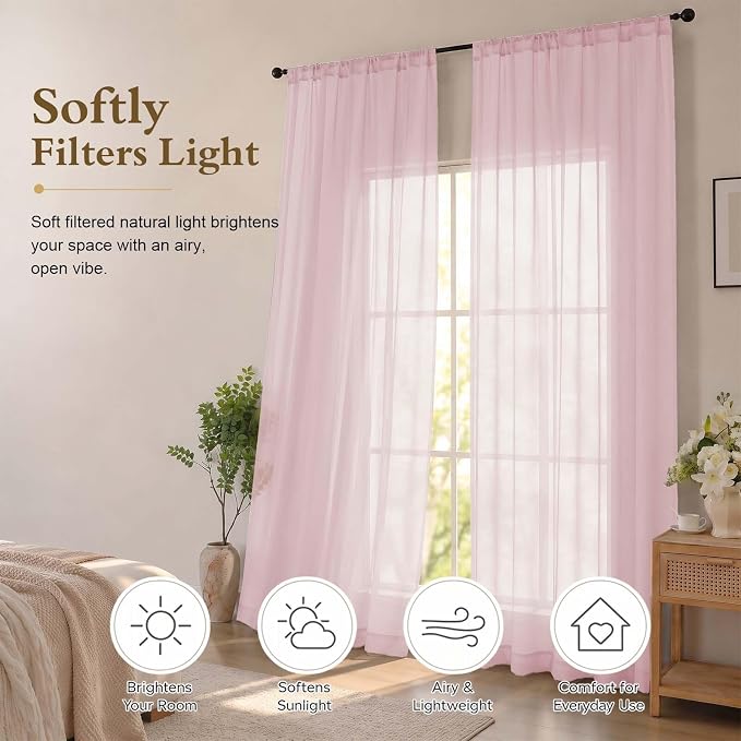 Blush Sheer Curtains 63 Inch Length for Living Room 2 Panels Set | Light Filtering, Rod Pocket, Soft Airy Voile Sheer, Bedroom Window Treatments, Airy Soft Fabric,2 Pcs Each 42"W X 63"L - Image 2