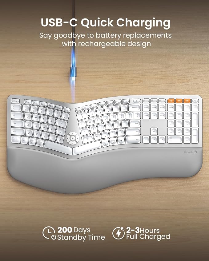 ProtoArc EK01 Plus Backlit Bluetooth Ergonomic Keyboard, White Silver | Adjustable brightness, split design, cushioned wrist rest, connect 3 devices via Bluetooth/2.4G, 2000mAh USB-C rechargeable. - Image 5