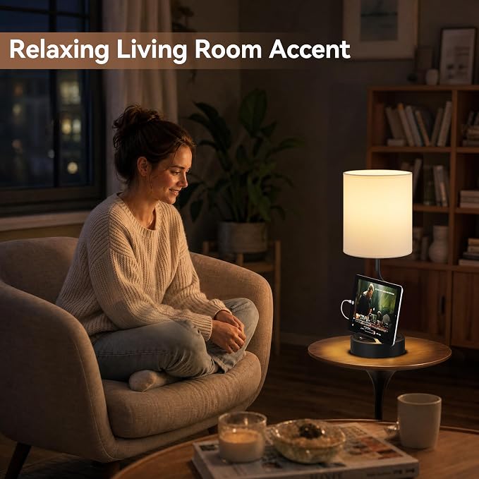 Bedside Lamps for Bedroom Set of 2-18" Table Lamp for Nightstand | Phone Stand, USB A+C Ports, AC Outlet, 3 Color Temperatures, LED Bulb Included, Desk Lamp for Living Room/Dorm,2-Pack - Image 6
