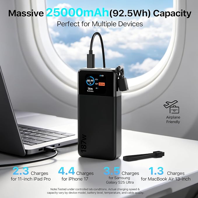 JUOVI 187W Portable Charger for Laptop Power Bank 25000mAh with USB-C Cable | TSA-Approved, App Control,Fast Charging Battery Pack for Laptop MacBook Dell XPS iPhone 17/16/15/14 Series Samsung and More - Image 4