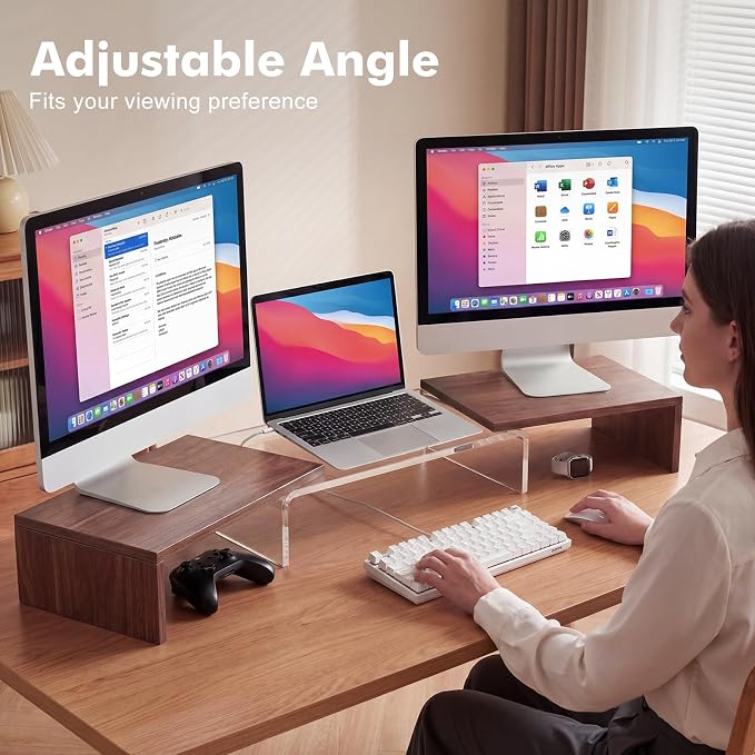 High-Clarity Dual Monitor Riser, Desk Organizer for Computer Monitor, Acrylic Monitor Riser with Keyboard Storage, Adjustable Angle & Length Computer Monitor Stand Walnut Look - Image 5