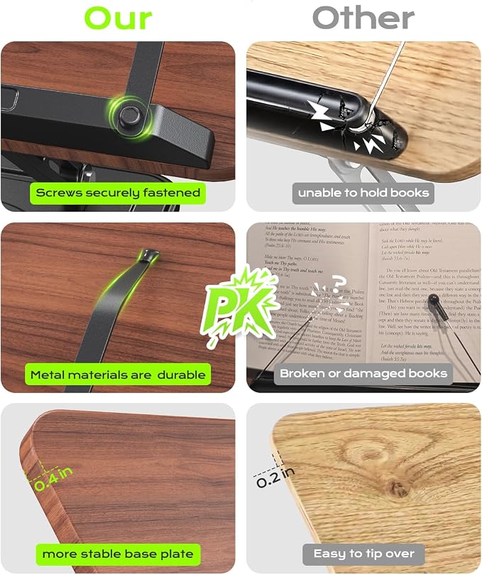 LOXP Book Stand for Reading, 360° Rotating Holder with Page Clip, Ergonomic | Adjustable height angle, Hands-free, anti-slip base, Fits tablets cookbooks magazines laptops, wood and metal, Black - Image 2