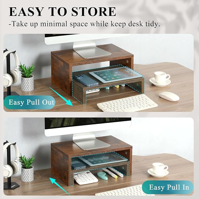 TEAMIX 2-Pack Monitor & Laptop Stand Riser, Wood High-Low Dual Monitor Set | Stacked/Separate Use, Adjustable Computer Stand for 2 Monitors, Holds 80Lbs, Rustic Desk Organizer for Home Office, Gaming - Image 3
