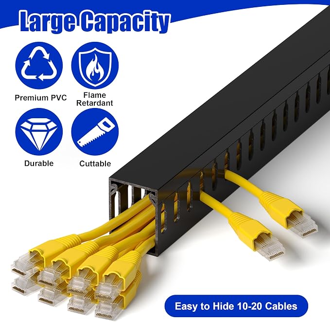 1.6"H x 1.2"W Cable Raceway, 6ft Under Desk Wire Management Channel, Black | Slotted Wire Duct, 2 Pack (3 ft Each), Heavy-Duty PVC Cable Management for Server Racks, Network Cables & Electrical Cabinets - Image 3