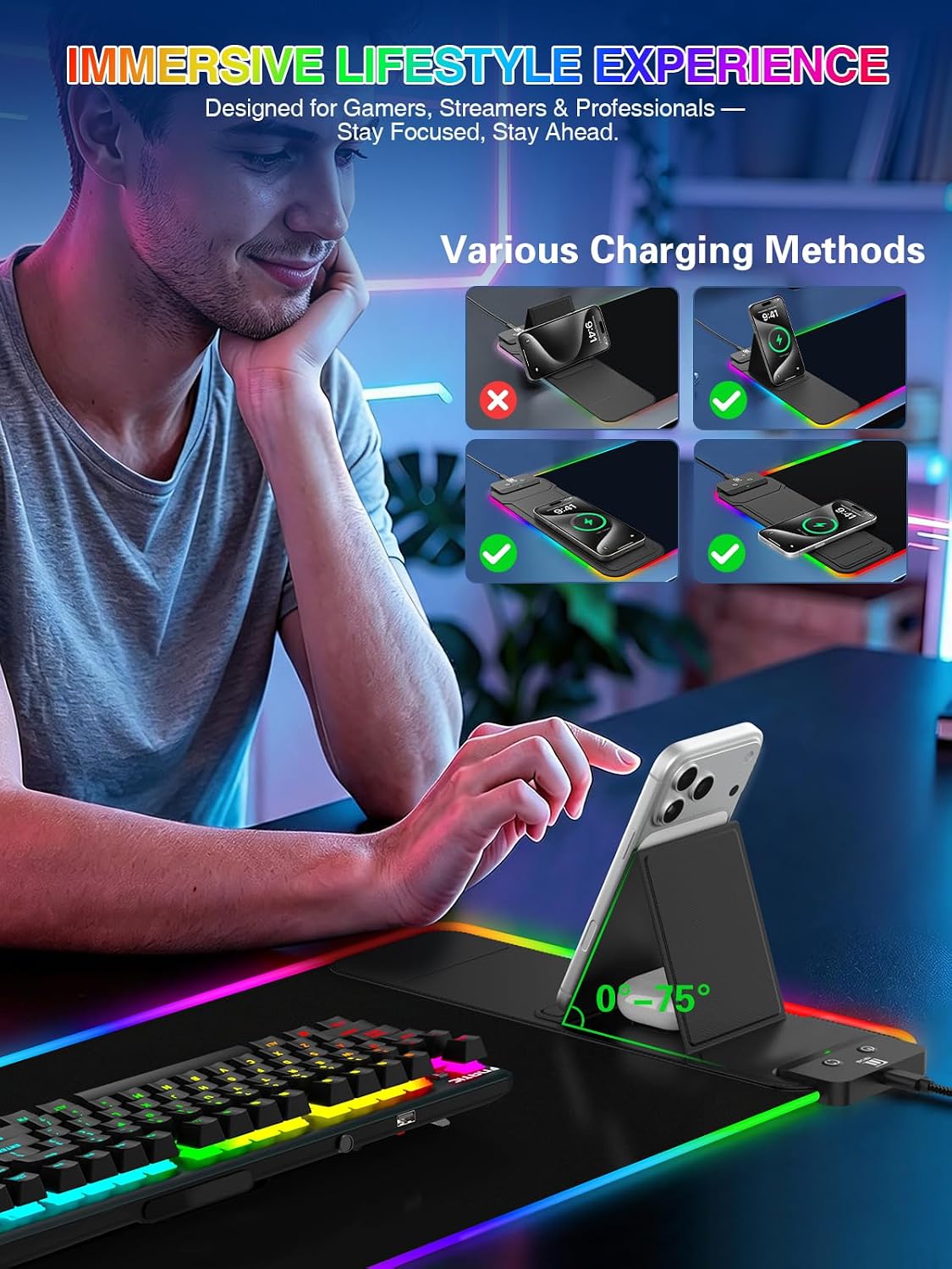 RGB Mouse Pad with Foldable Phone Stand & Wireless Charger, 31.5"x11.8" XL Gaming Mousepad Large Desk Mat, Desk Pad with Dual Charging for Phone & AirPods | 11 Colors & 5 Modes | Waterproof - Image 7