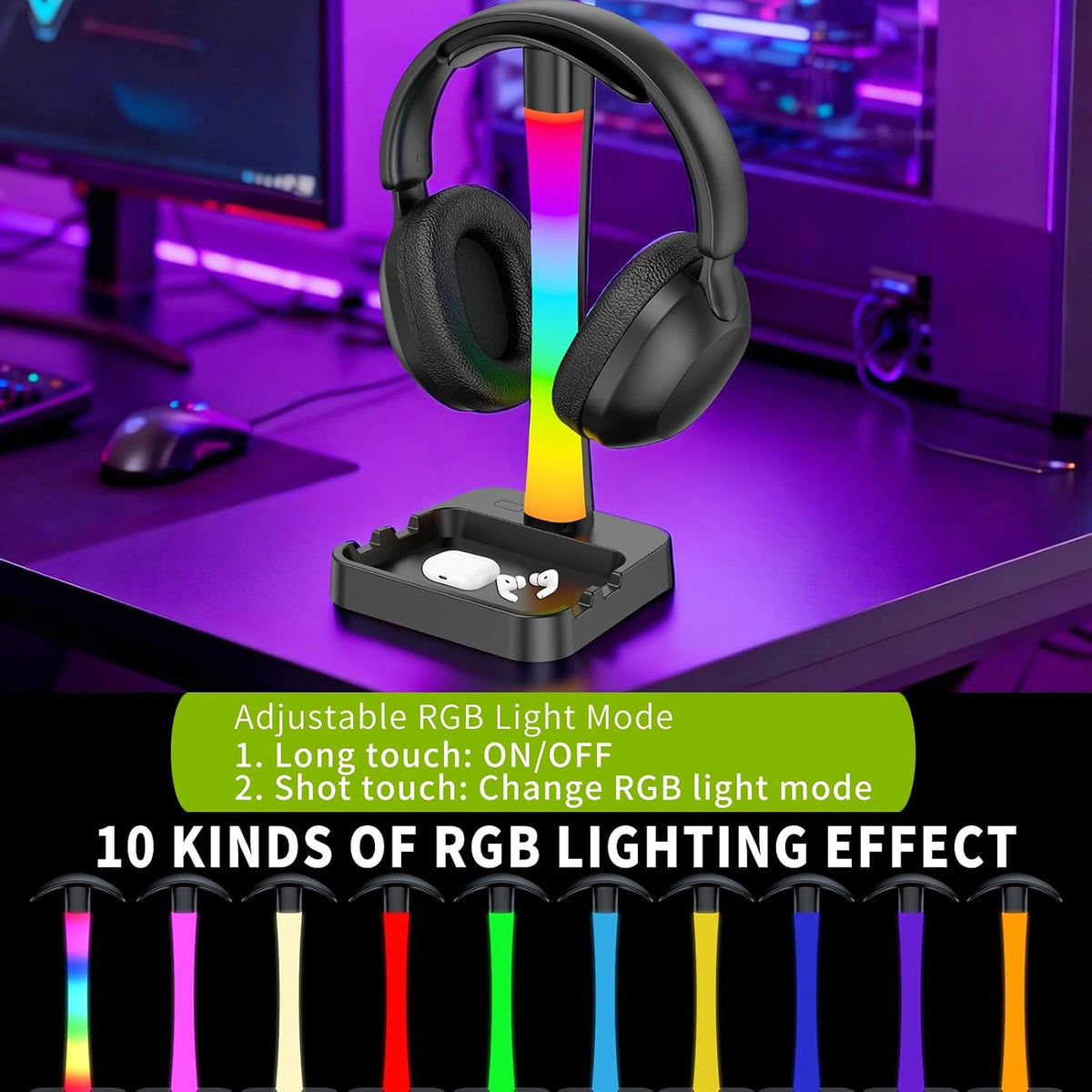 Headphone Stand with Charger,Gaming Headset stand with RGB Light Mode,For Airpod Max Stand,Desk Lamp,Phone Holder,Tablet Holder,desktop organizer,Gifts for Gamers & Music Lover(Black) - Image 4