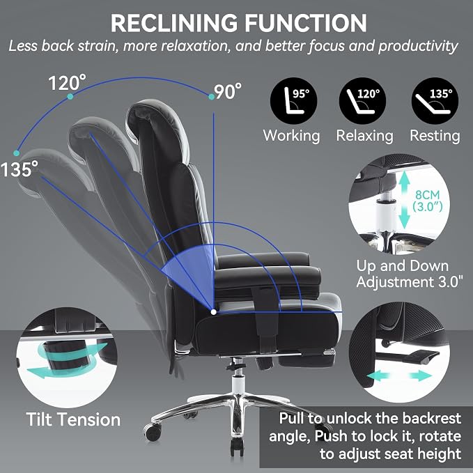 Efomao Big and Tall Executive Office Chair 450lbs,Black | 5.9" Thick Pocket Spring Cushion, Reclining Breathable PU Leather Desk Chair with Foot Rest, Soft Comfortable Support - Image 3