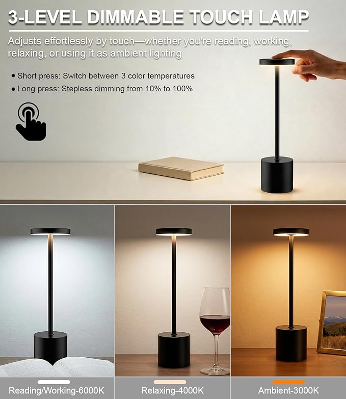 Cordless Table Lamp Set of 2, Rechargeable 5000mAh Battery Operated Outdoor Table Lamps, Portable LED Desk Lamp, 3 Color Dimmable Table Light for Restaurant, Patio, Bedroom, Bedside Night Lamp(Black) - Image 5