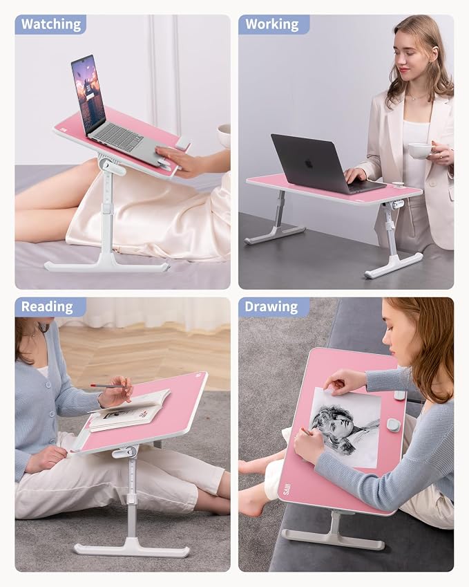 SAIJI Height & Angle Adjustable Laptop Stand for Bed, Lap Desk Tray Table | Light Weight Foldable Portable Laptop Table for Couch Sofa Chair Floor Desk for Adults, Kids (Pink) - Image 6
