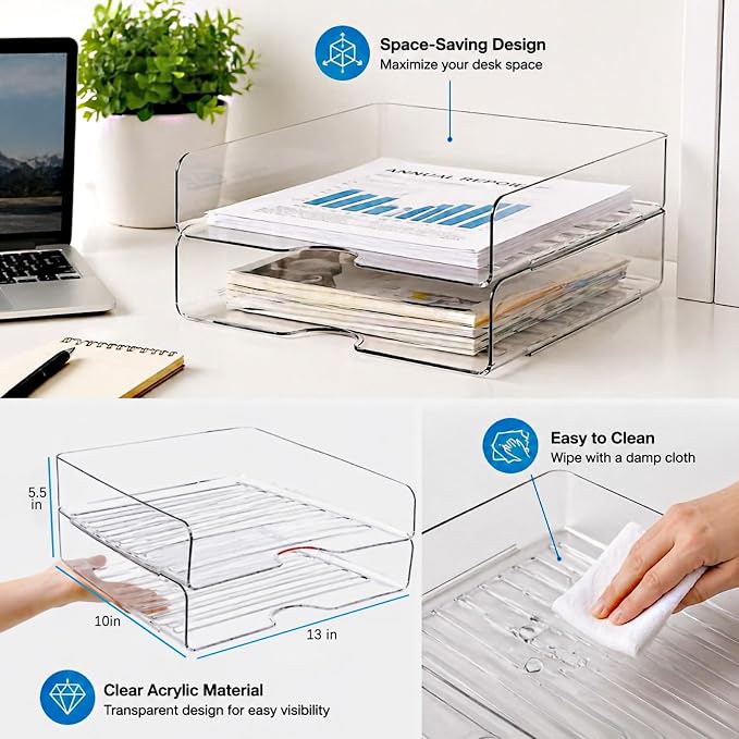 DCA 2 Tier Desk Organizer, Clear Paper Tray File Organizer | Stackable Letter Tray | Office, Home & School | Large Capacity - Image 3