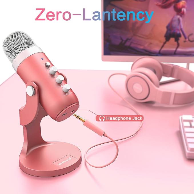 ZealSound Podcast Microphone, Noise Cancellation Mic with Gain, Volume Adjustment & Mute Button, Monitor & Echo, for ASMR, Vocal Recording, YouTube, TikTok, PC, iPhone, iPad, Android, Pearlescent Pink - Image 4