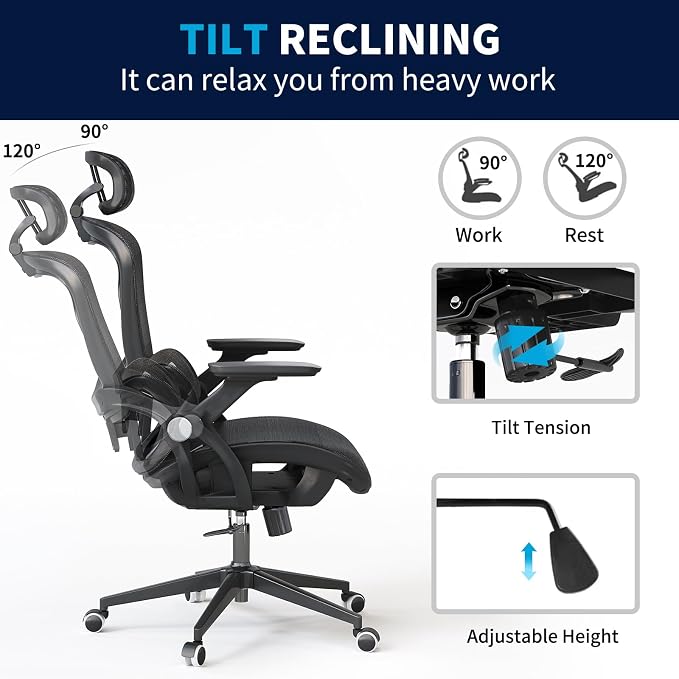 Office Chair Ergonomic Desk Chair with Lumbar Support&Headrest&Flip-up Arms Height Adjustable Rocking Swivel High Back Computer Chair Multi-Angle from 90° to 130° with 350LBS Capacity(04black) - Image 3