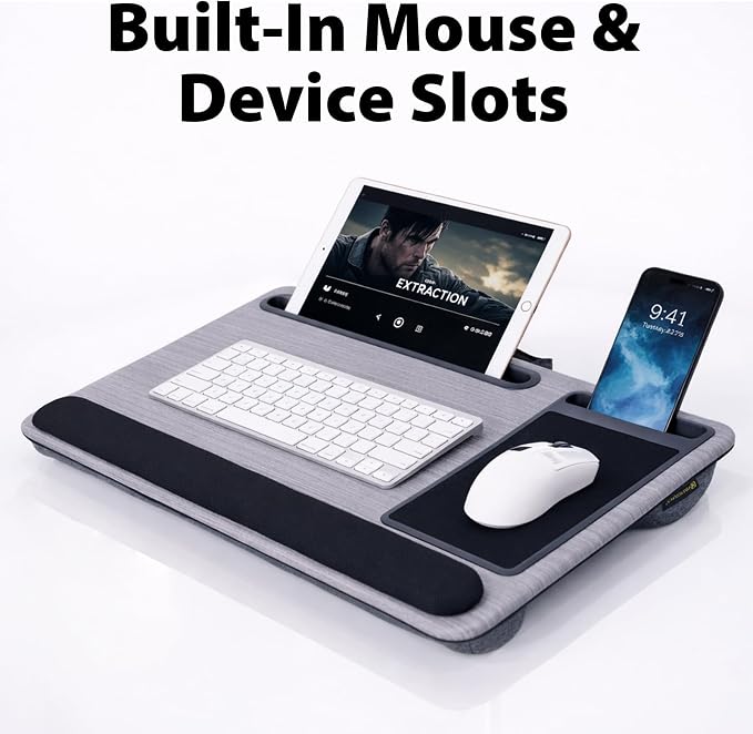 Cyberguys Comfort Lap Desk for Laptop up to 15.6 in – Black with Charcoal | Grey Wood Overlay with Mouse Pad, Phone & Tablet Slot, Dual Cushion Base, Wrist Rest & Carry Handle for Bed Desk Couch Sofa - Image 8