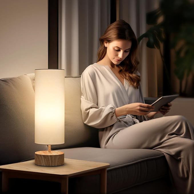 Touch Table Lamp with Wood Grain Metal Base, 3 Way Dimmable Bedside Lamp | Modern Nightstand Desk Lamp with White Shade, Simple Night Light for Bedroom Living Room Home Office, LED Bulb Included - Image 5