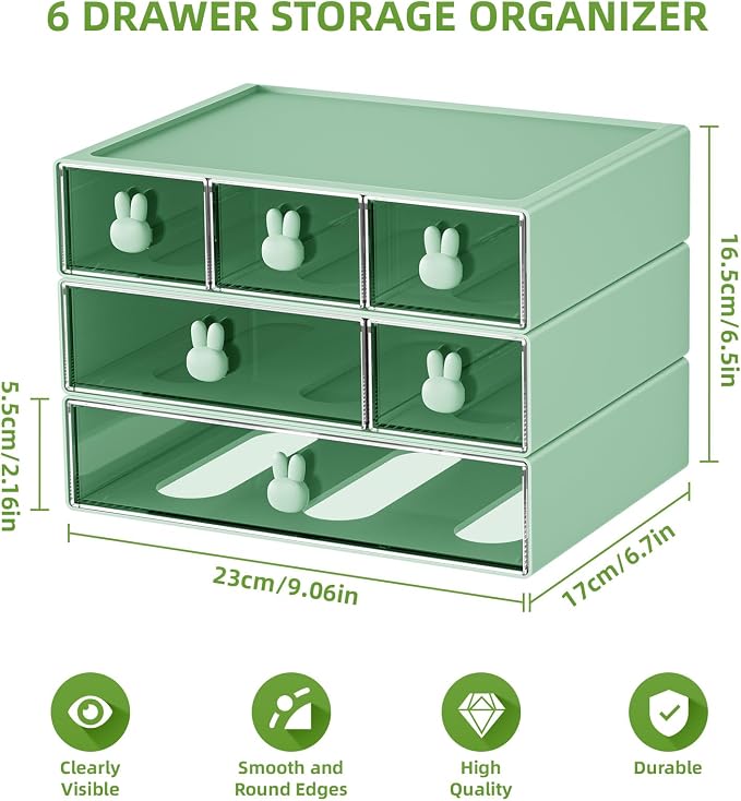 Marbrasse Desk Organizer with 6 Drawers, 3 Tier Stackable Storage Drawers Plastic Makeup Storage, Office Organizers and Storage, Desk Storage Box for Office, School, Home Green - Image 2