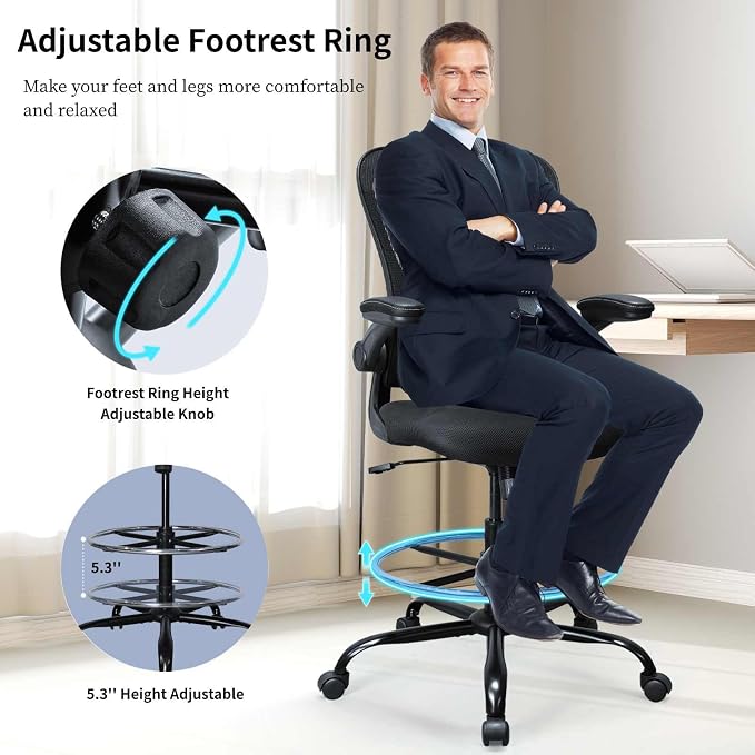 Drafting Chair, Ergonomic Tall Office Chair for Standing Desk, Counter Height Desk Chair with Adjustable Padded Armrests and Footrest Ring Standing Desk Chair Adjustable Height with Lumbar Support - Image 6