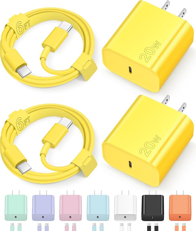 iPhone 17 16 15 Charger Fast Charging Type C Chargers USB C Charger Block | for iPhones, iPads,Tablets, Android phones,20W iPhone Charger USB-C Power Adapter,with Long 6FT USB C Charging Cables(Yellow) by NOVOBIT