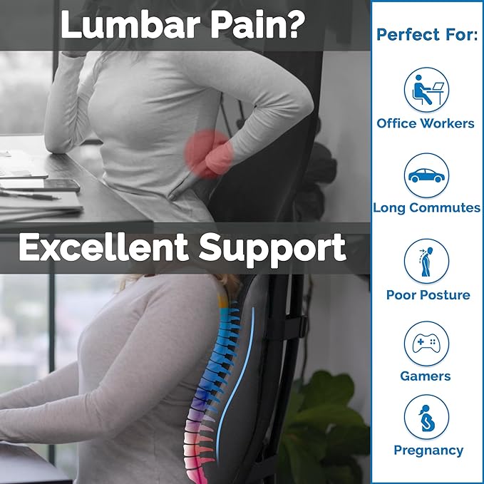 ComfiLife Lumbar Support Pillow for Office Chair – Premium Memory Foam Lumbar Pillow – Back Support for Office Chair, Car – Back Pain Relief, Improves Posture – 3 Adjustable Straps, Mesh + Leatherette - Image 4