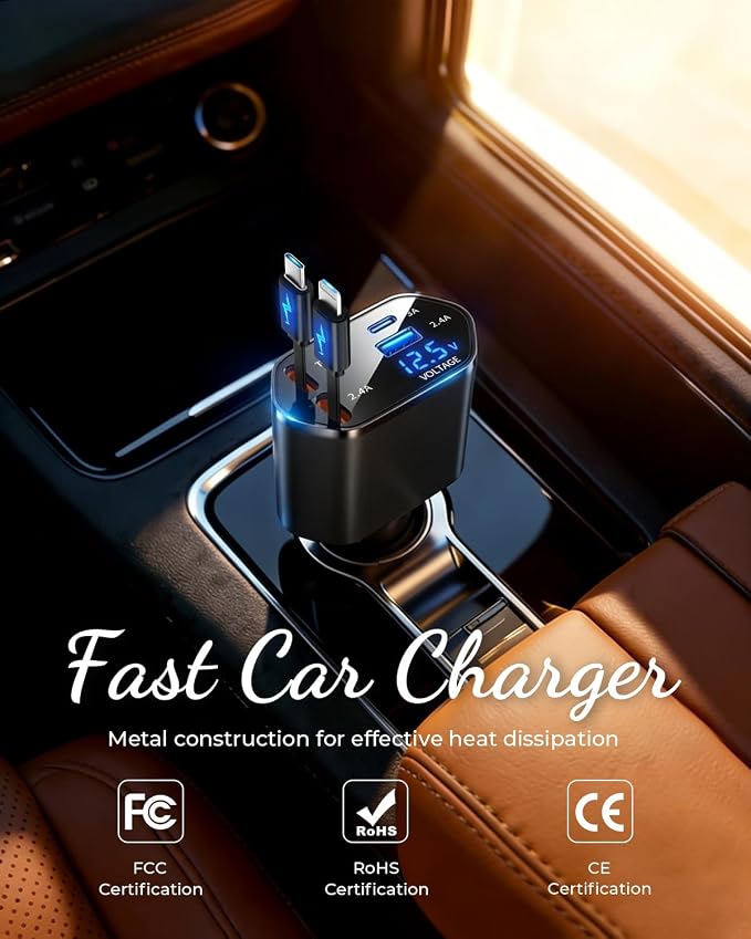 BERTHALESS for Dad Retractable Car Charger, 4 in 1 Fast Charging with USB-C & USB-A, Compatible with iPhone 17/16/15/14/13/12/11,Galaxy,Pixel,Samsung, Anniversary Birthday Gifts for Men Women,Black - Image 2