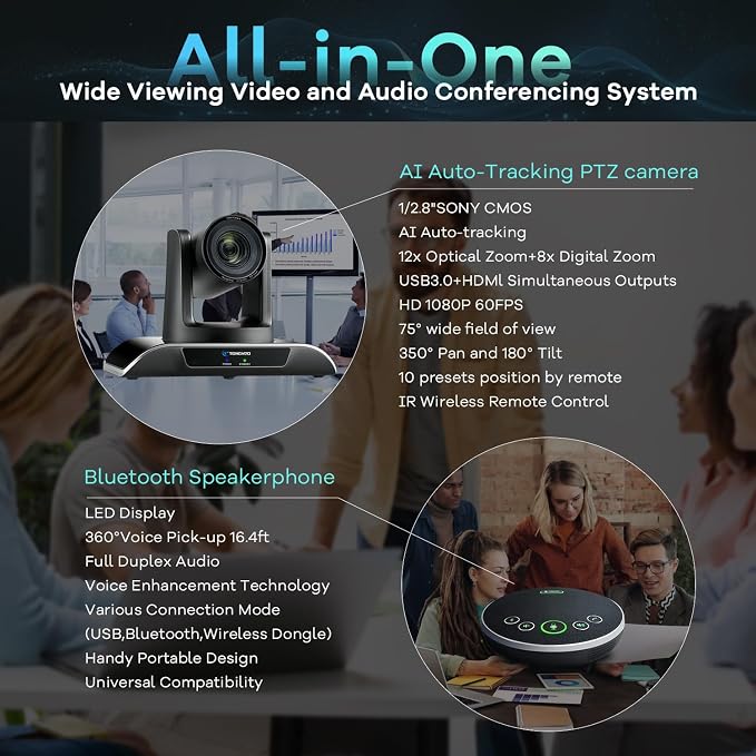 12x Zoom Conference Room Video Camera System, Al Auto-Tracking HD 1080P 60fps 12X Optical Zoom USB3.0 HDMI PTZ Camera 75° FOV and Bluetooth Conference Speaker with Microphones Bundle for Medium Room - Image 2