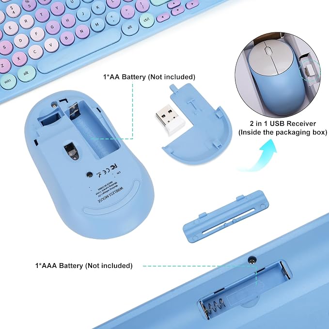 Wireless Keyboard and Mouse Combo, Retro Typewriter Keyboard with Round Keycaps, 2.4GHz USB Cute Wireless Keyboard Mouse for Computer, Desktop, Laptop and Computer (Rainbow Blue) - Image 5