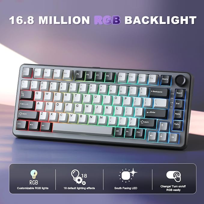 YUNZII B75 PRO 75% Wireless Mechanical Keyboard (Dark Grey,Cocoa V2) | Hot Swap Keyboard with Knob, Gasket Mount, Creamy Pre-lubed Switch for Smooth Typing, BT/USB-C/2.4G, for Gaming - Image 7