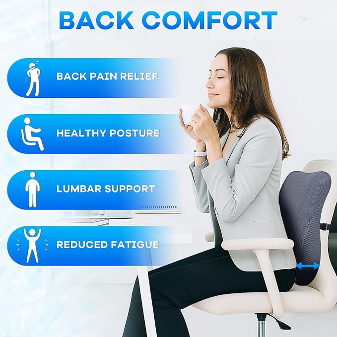 Gel Seat Cushion & Lumbar Support Pillow Set, Cooling Memory Foam for Coccyx & Sciatica Pain Relief, Ergonomic Desk Chair Cushion with Breathable Mesh Cover for Car, Home, Wheelchair (Grey) - Image 6