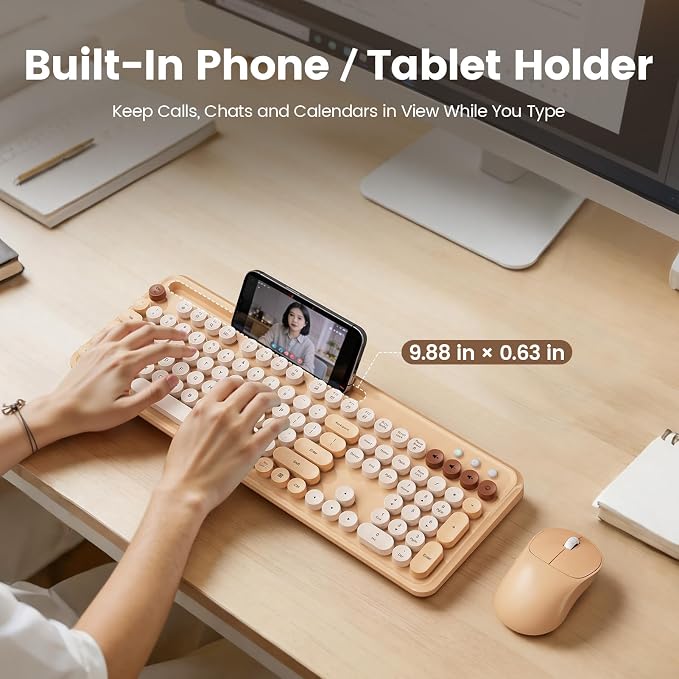 Wireless Keyboard and Mouse Combo, Retro Round Keycaps, Full-Size Typewriter Keyboard with Phone/Tablet Holder, Ergonomic Mouse with 3-Level DPI, 2.4GHz Connection for Windows/PC (Beige Colorful) | Full-Size Retro Typewriter-Style Keyboard, Tilt Legs, ... - Image 2