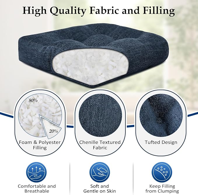 downluxe Chair Cushions for Dining Chairs 4 Pack, Tufted Indoor Chair Pads with Non-Slip Bottom, U-Shaped Kitchen Chair Cushions, 18"x18"x4", Navy - Image 2