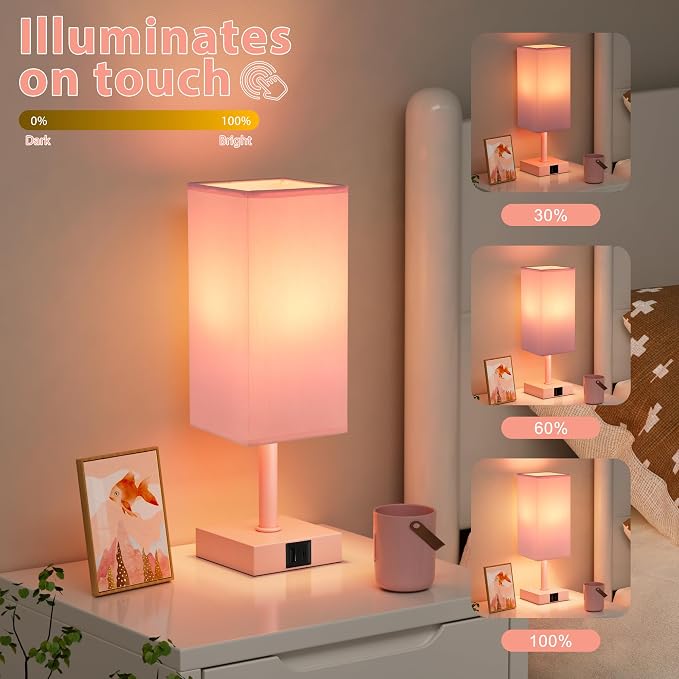 Touch Table Lamp for Bedroom - Dimmable, USB C+A, Pink Lamphade Pink Base | 3-Way Dimmable, 3000K LED Bulb Included, Square Lampshade, Cute Room Decor for Teen Girls, Kids, Small Lamp for Dorm, Nursery - Image 4