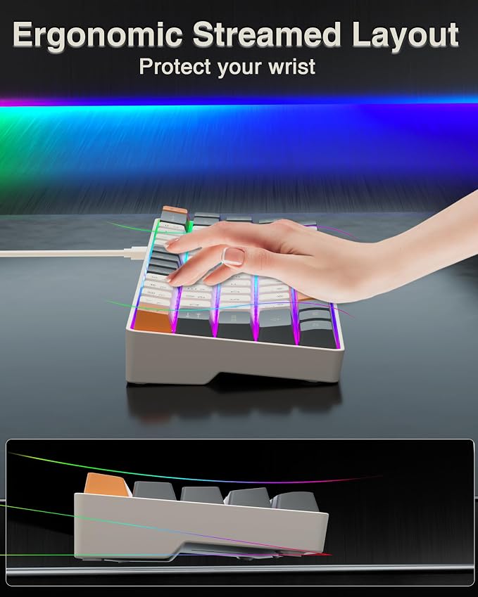 CORBOBO 60 Percent Keyboard,RGB Backlit Gaming Keyboard USB-C Wired,Portable 68 Keys Compact Mini Keyboards for Business Trips,Office,PC Games (SK968,Grey&Orange) - Image 8