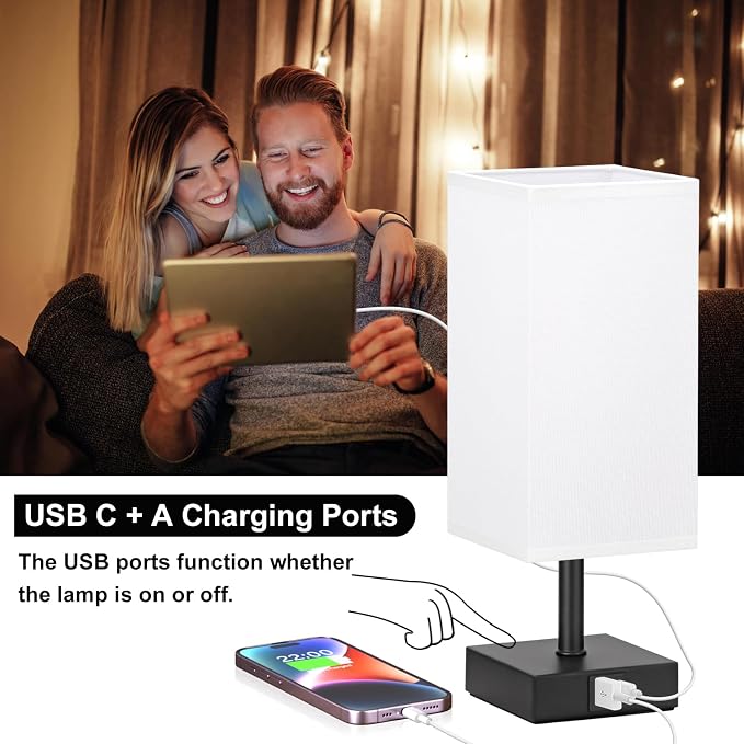 Touch Table Lamp for Bedroom - Dimmable, USB C+A, White Lamphade Black Base | 3-Way Dimmable, 3000K LED Bulb Included, Square Lampshade, Cute Room Decor for Teen Girls, Kids, Small Lamp for Dorm, Nursery - Image 3
