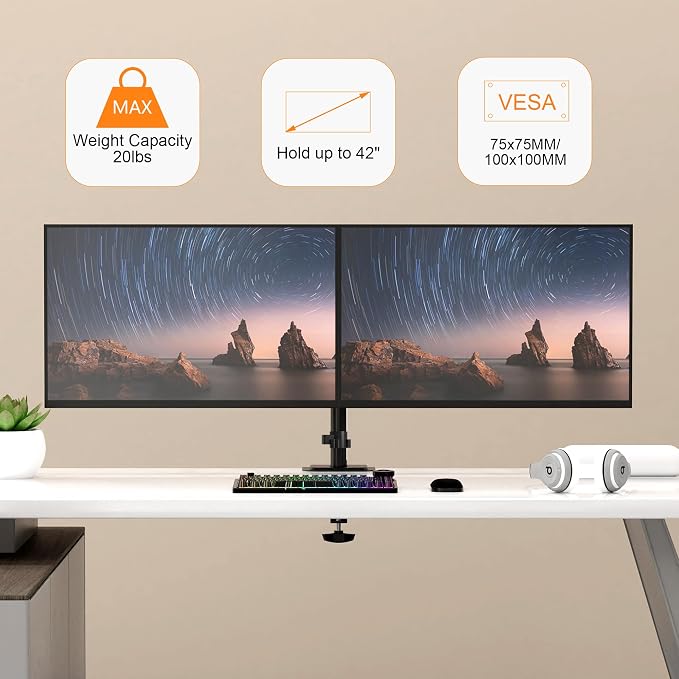 Pholiten Dual Monitor Stand for 2 Screens up to 42Inches | Adjustable Monitor Arm, Tilt, Swivel, Rotate, Supports Tilt, Swivel, Rotate, Supports 22 lbs Each - Image 3