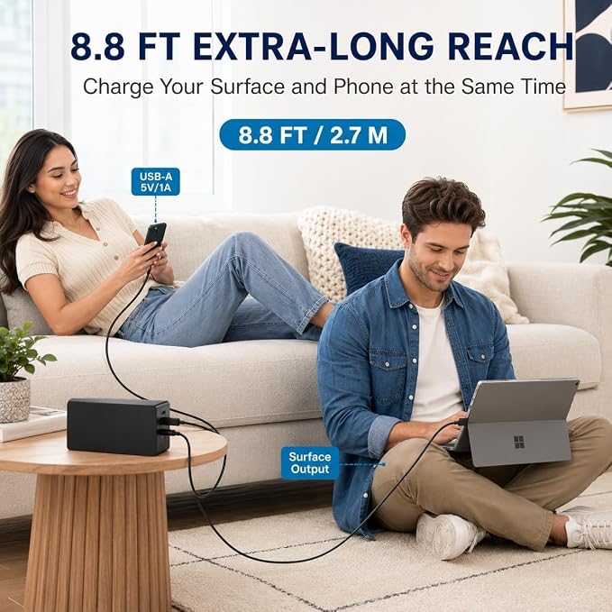 65W Surface Pro Charger Compatible with Microsoft Surface Pro 11/10/9/8/7+/7/6/5/4/3/X, Surface Laptop 7/6/5/4/3/2/1, Surface Go 4/3/2/1, Surface Book 3/2/1, 10FT Power Adapter with USB Port - Image 6