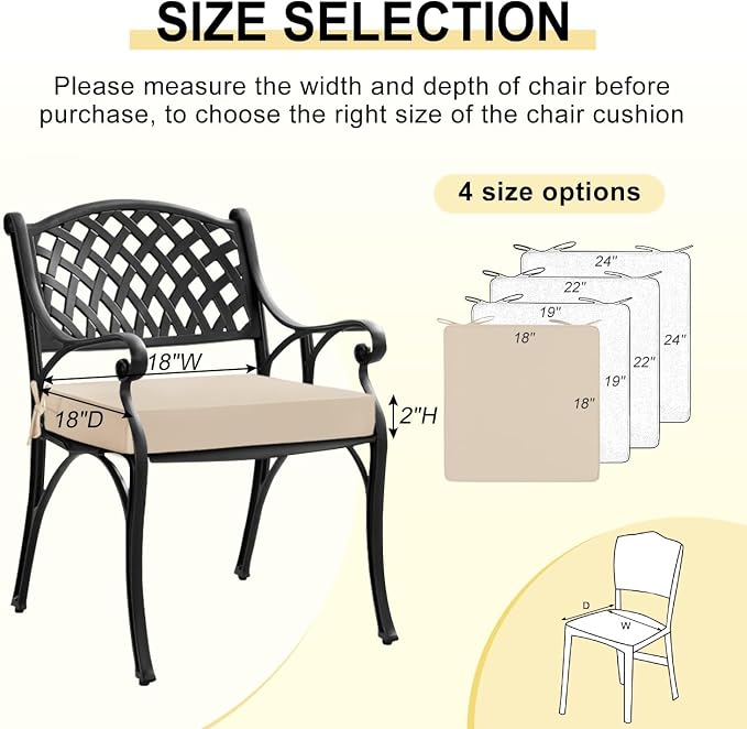 downluxe Waterproof Outdoor Chair Cushions for Patio Furniture, 18" x 18" x 2" Patio Chair Cushion with Adjustable Ties & Portable Handle, Square Outdoor Cushion with Removable Cover, Beige, 2 Pack - Image 6