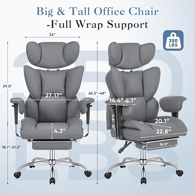 DUMOS Big and Tall Home Office Desk Chair, Executive Chair with Footrest | PU Leather, Ergonomic Comfy Lumbar Support, High Back Reclining, Adjustable Armrests, Grey - Image 3