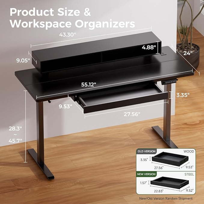 GTPLAYER Electric Standing Desk with Drawers, 55 x 24 Inch Height Adjustable Gaming Desk with Monitor Stand, Power Outlets & LED Lights, Home Office Sit Stand Up Desk with Memory Preset (Black) - Image 2