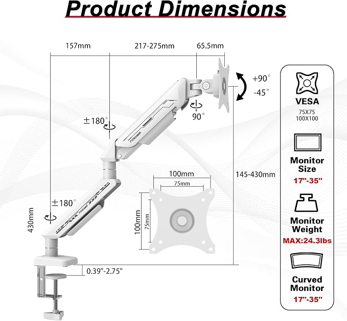 Fydeamer Monitor Arm for 17-35" Screens up to 24.2 lbs, Ergonomic Gas Spring Monitor Stand with Height Adjust, Tilt, Swivel & Cable Management, VESA Desk Mount with 2 Types of Installation, White - Image 7