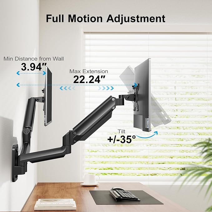HUANUO Gaming Dual Monitor Wall Mount for 17-32 Inch Computer Screen Mount (4.4-17.6lbs Per Arm) - VESA 75x75/100x100 Height Adjustable Stand for Dual Monitors - Home Office Desk Setup - Image 3