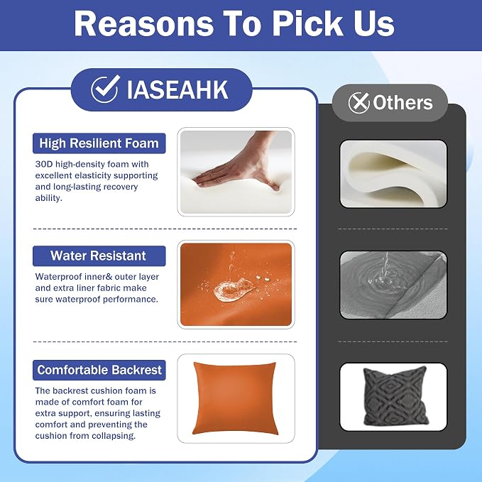 IASEAHK Outdoor Seat Cushion Set, Waterproof & Fade Resistant Patio Chair Cushions, Outdoors Cushion for Patio Furniture, 24 x 24 x 4 Inch, Outdoor Couch Cushions with Handle and Ties, Spice - Image 6