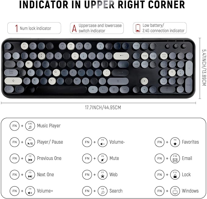 Clicky Wireless Keyboard and Mouse Combo,Retro Typewriter Style,Black Gray | Bubble Round Keys,Dark Grey Floating Keys for Long Nails,2.4GHz USB Receiver,Full Size with Number Pad for PC Laptop Desktop - Image 6