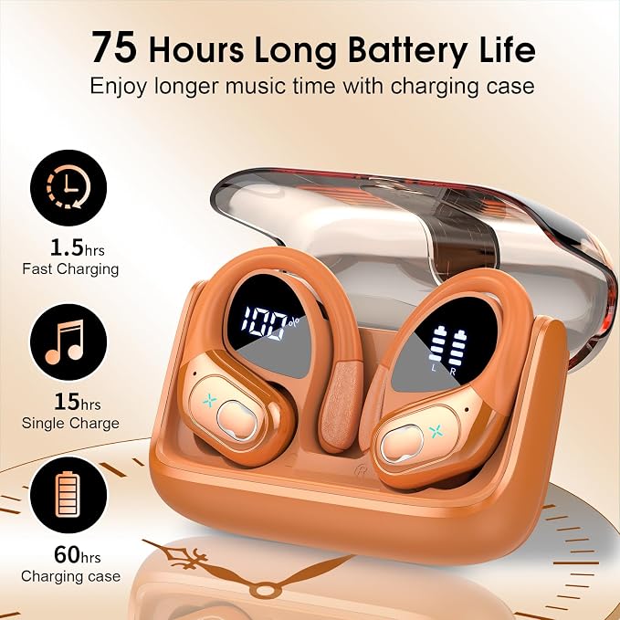 Aptkdoe Wireless Earbuds 75H Bluetooth 5.4 Sport Headphones with Earhooks | IPX7 Waterproof In-ear Buds Feature ENC Noise Cancelling Mic. Stereo Sound Device for Gym Running Workout, Cosmic Orange - Image 2