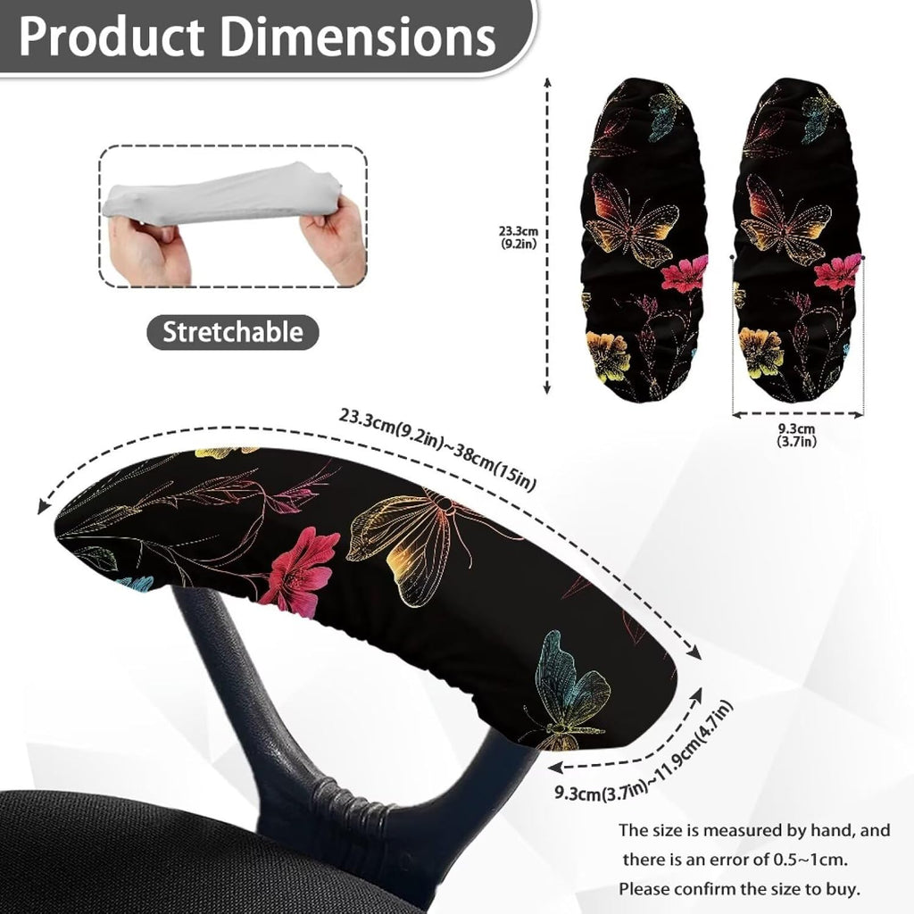 Butterfly Flower Print Office Chair Arm Covers, 2 Pack Dust-Proof Chair Arm Rest Covers Washable, Comfort Elastic Office Chair Armrest Slipcovers for Rotating Chairs - Image 3