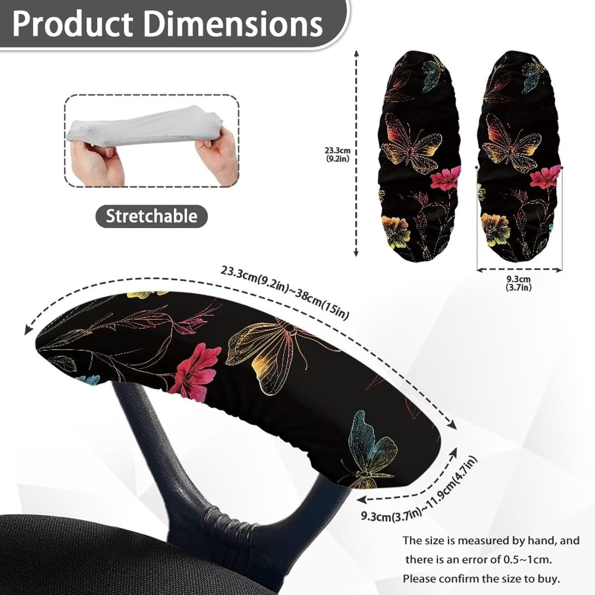 Butterfly Flower Print Office Chair Arm Covers, 2 Pack Dust-Proof Chair Arm Rest Covers Washable, Comfort Elastic Office Chair Armrest Slipcovers for Rotating Chairs - Image 3