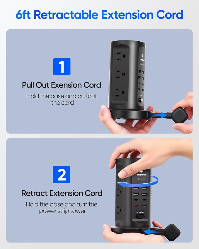 Power Strip Tower, kakyanill Charging Station 9 AC Outlets 8 USB Ports | 6 Ft Retractable Extension Cord, 15W Wireless Charger, Black - Image 2